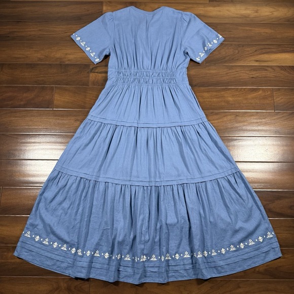Pendleton Women's Size Medium Blue Embroidered Penelope Linen Tiered Midi Dress - Picture 7 of 11